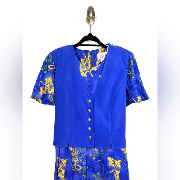 Vintage Lisa Jo Faux Vest Dress 10 Royal Blue Floral 80s 90s Modest Church Midi - Picture 2 of 6